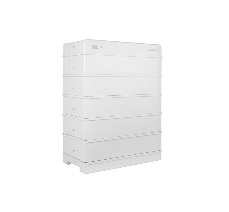 Sungrow SBR battery — a modular stacked unit in grey and teal, showing individual 3.2 kWh modules assembled in a tower